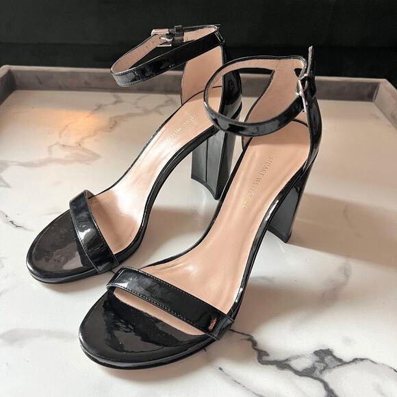 Stuart Weitzman Walkway Black Patent Leather Block Heels Sandals Size 7.5 - Picture 5 of 12